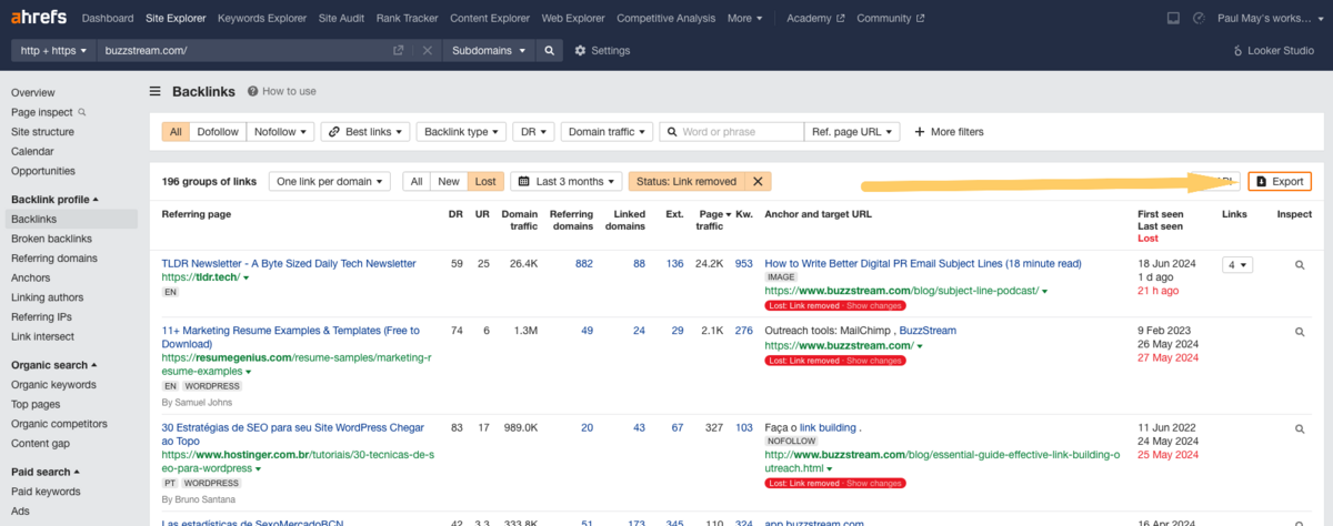 how to export a list of urls in Ahrefs