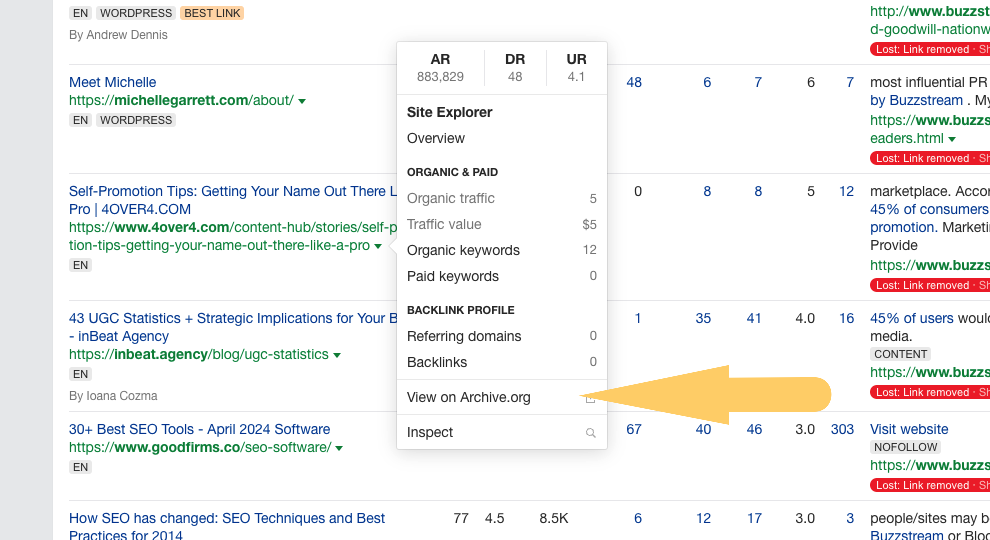 showing how you can view a backlink on archive.org