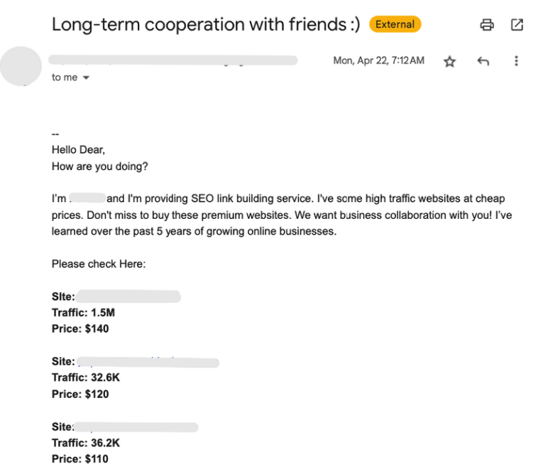 an example of a poor outreach pitch