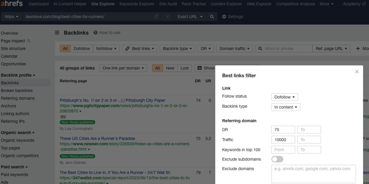 best links filter is set to DR 75 and traffic about 10k