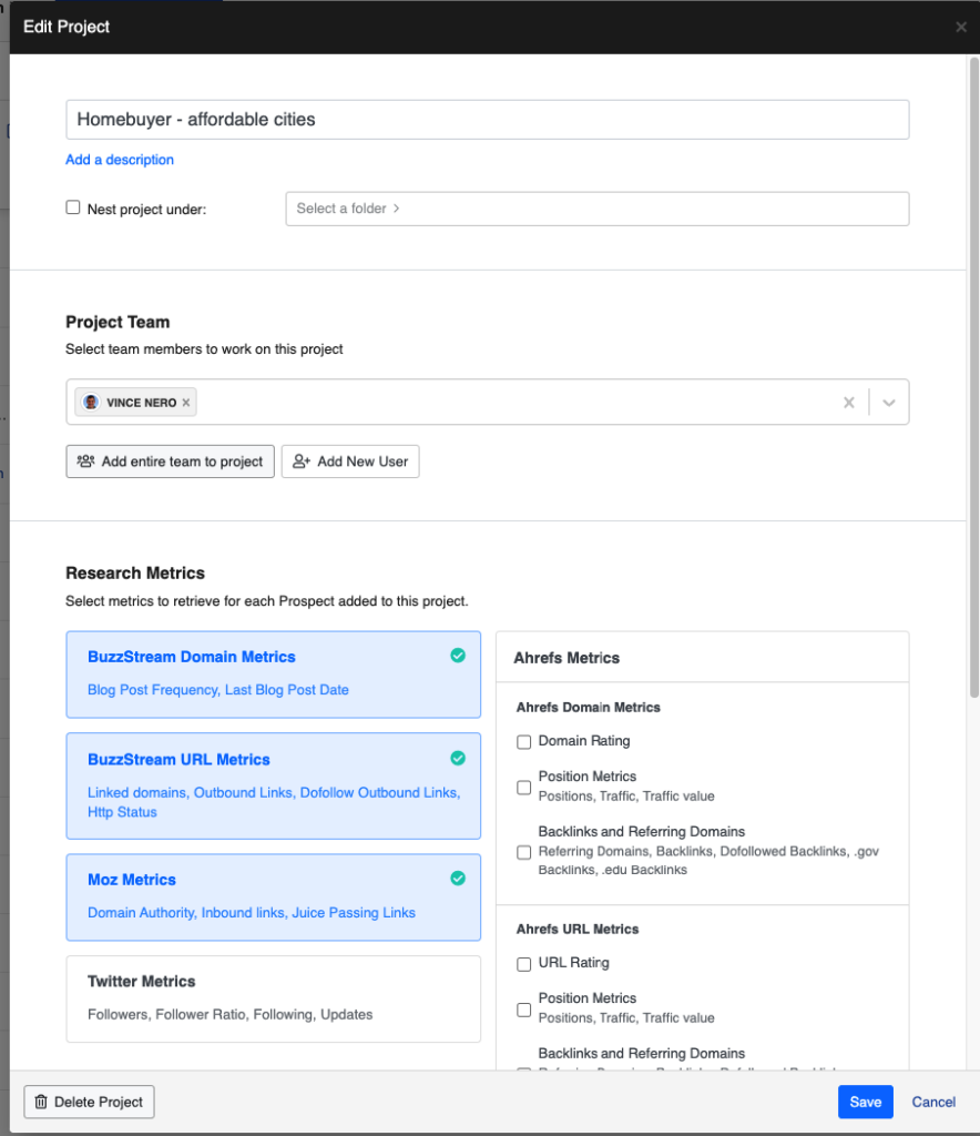 Set up new project in buzzstream