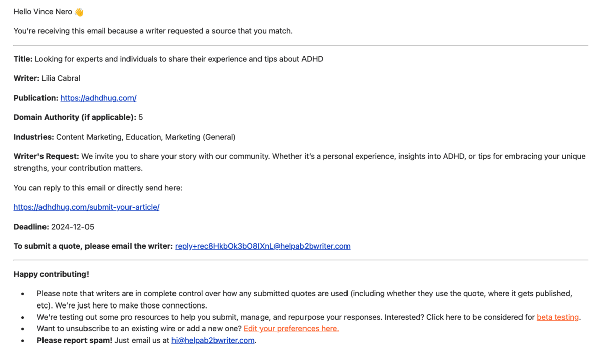 help a b2b writer out example email