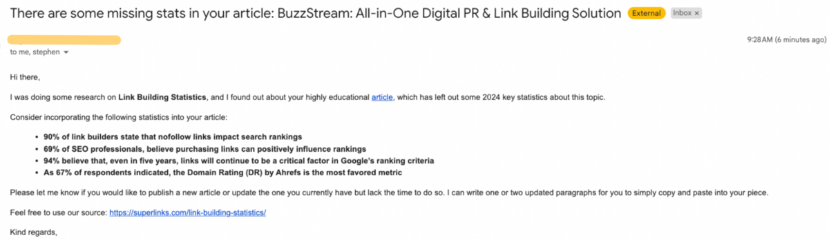 email screenshot lacking personalization