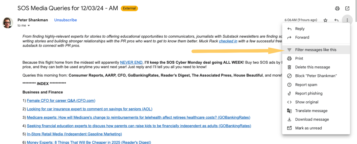 filtering messages from gmail