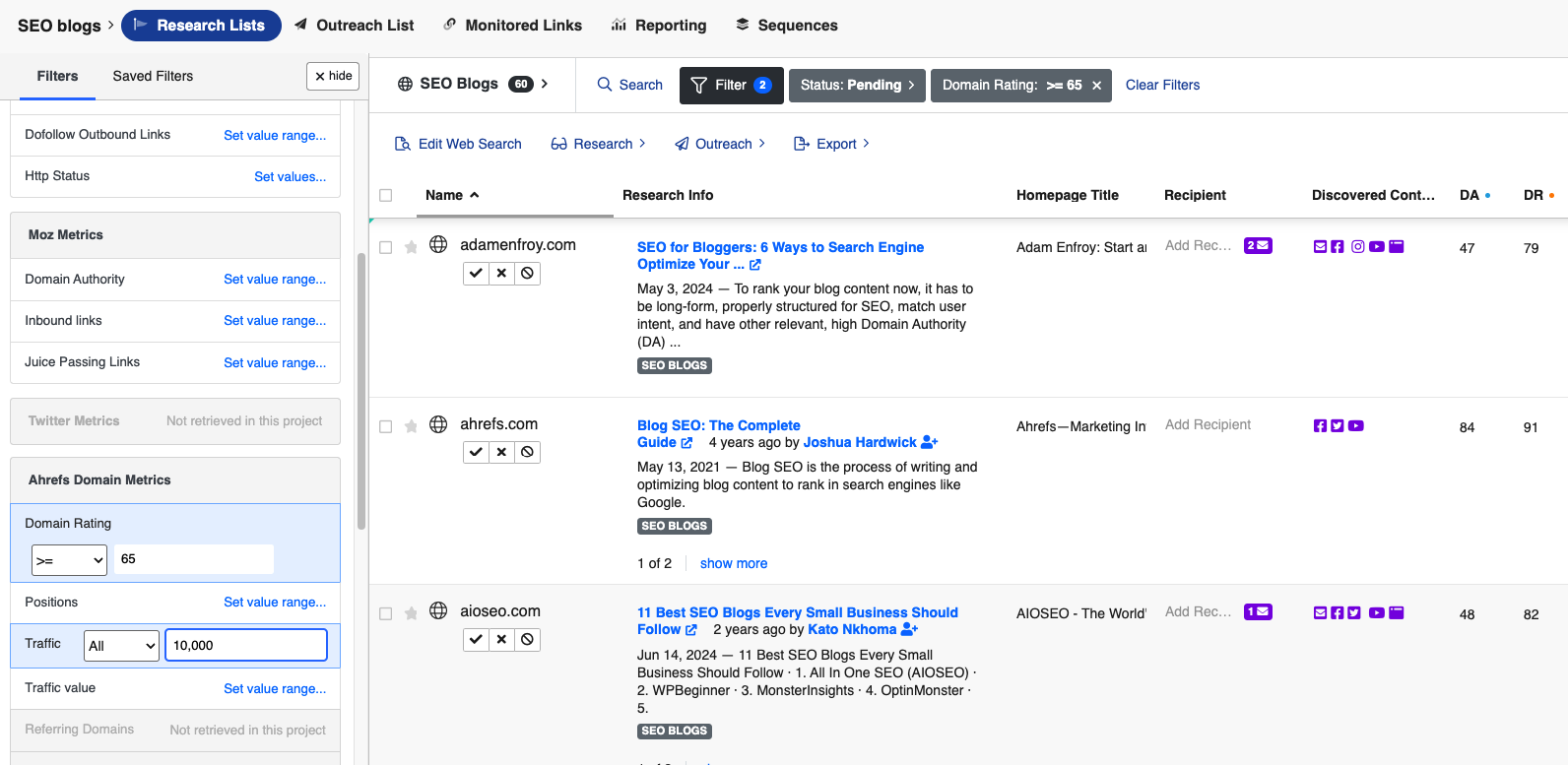 research links filters on buzzstream