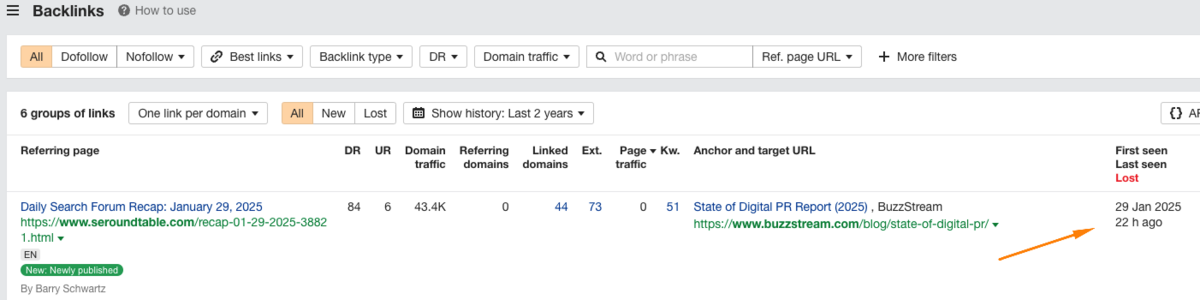 discovery date from ahrefs is called "first seen"
