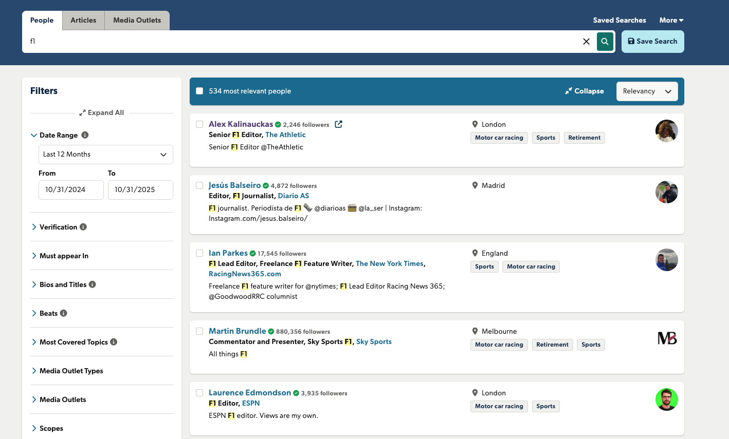 f1 media list search