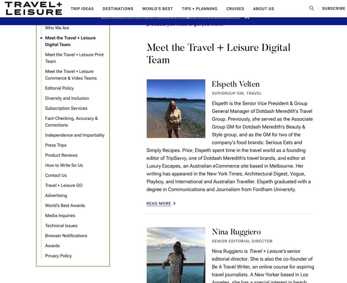 author page on travel and leisure