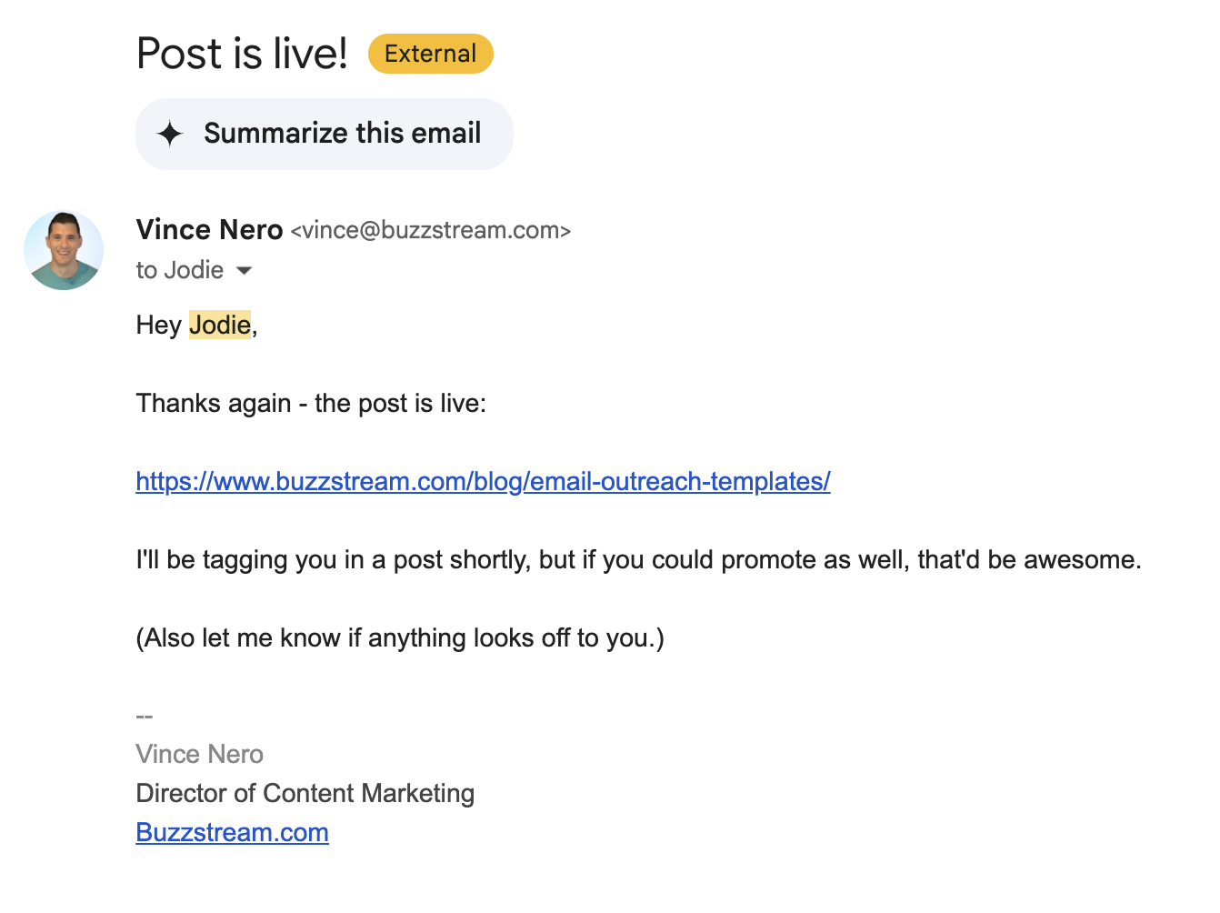 Jodie email letting her know the post was live