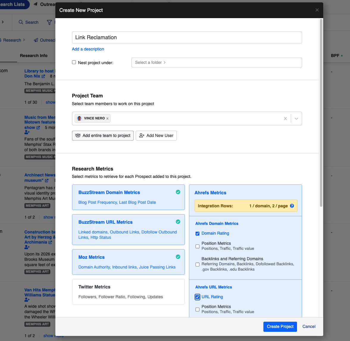 screenshot of setting up a new project in buzzstream