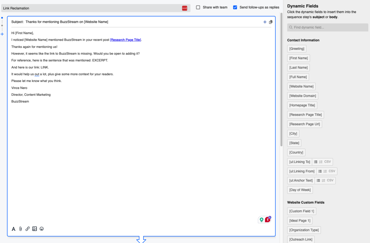 email template using dynamic fields in buzzstream