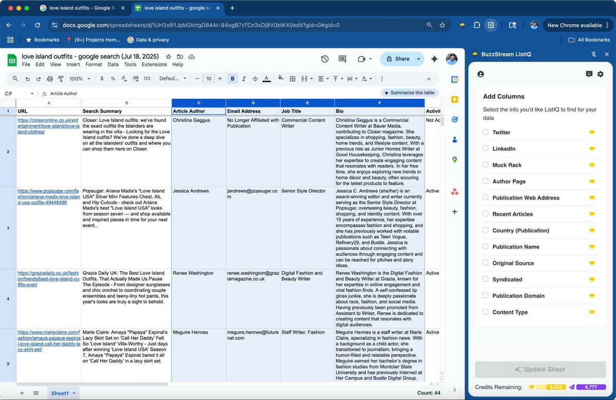 listiq love island outfits SERP exported into google sheets