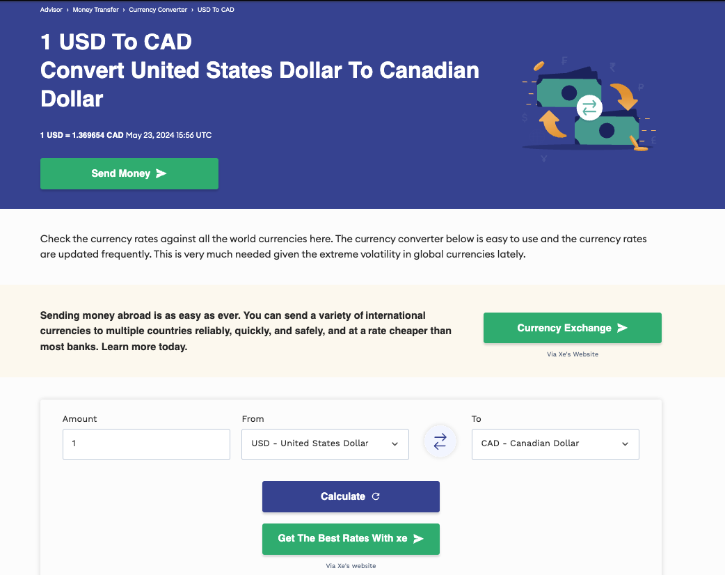 CAD money transfer page example