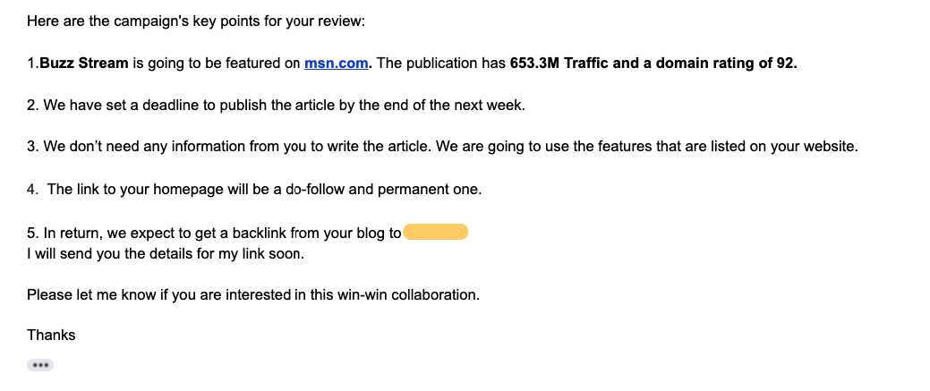 an email about a link to msn