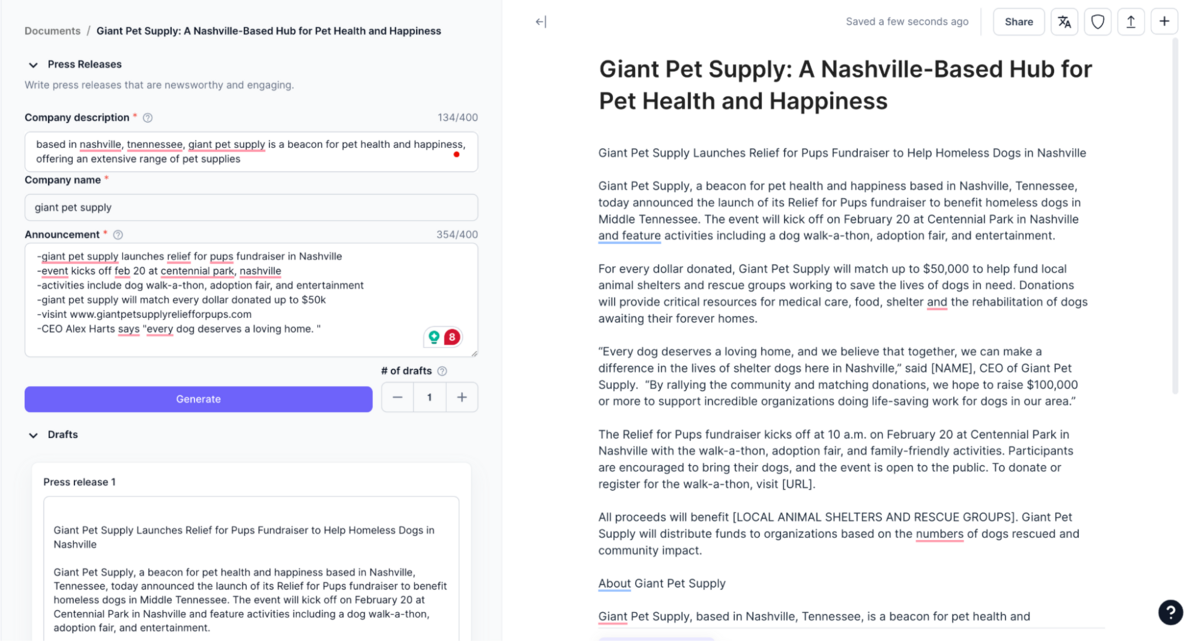 press release for giant pet supply