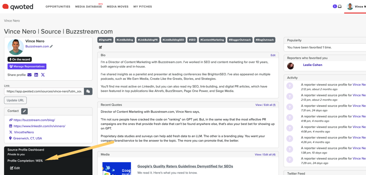 qwoted profile setup