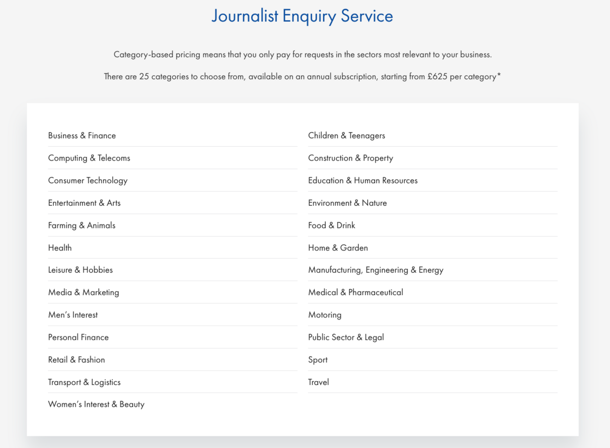 journalist enquiry service categories listed