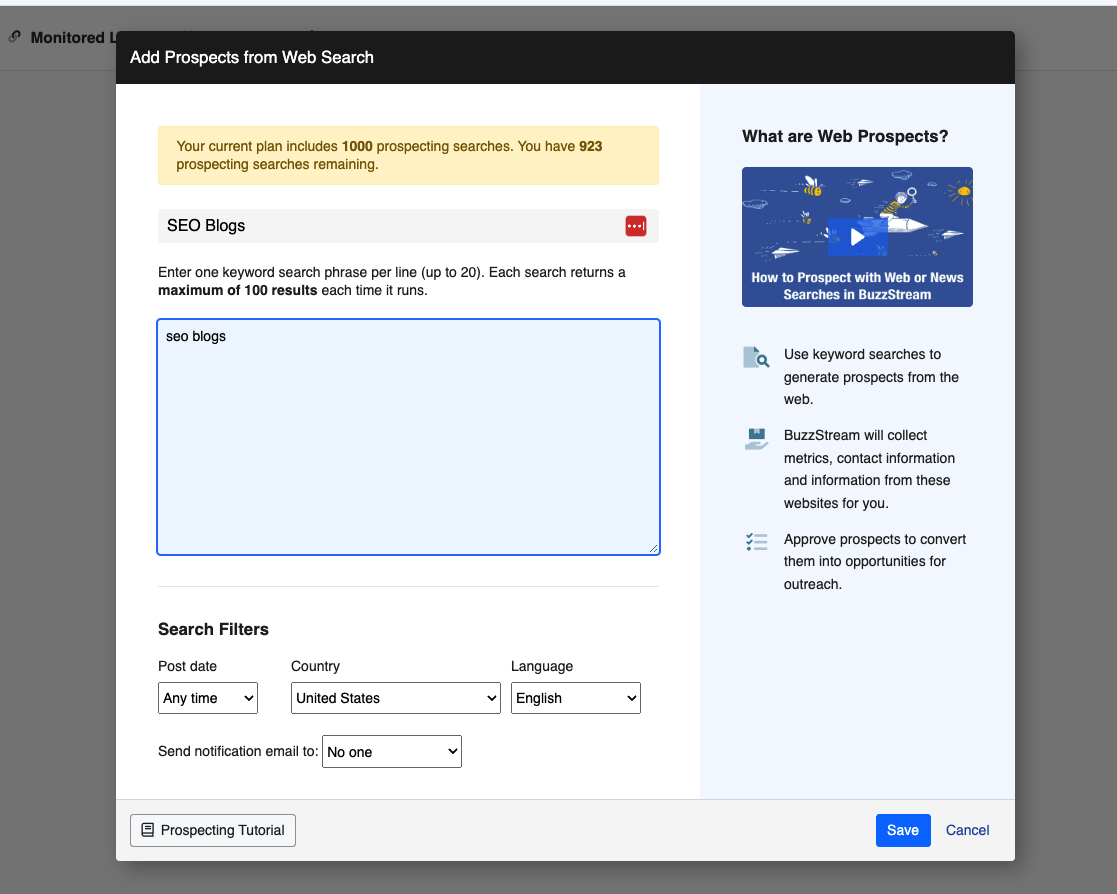 SEO Blogs search on buzzstream