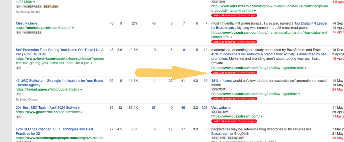 click on show changes in the ahrefs site explorer>backlinks