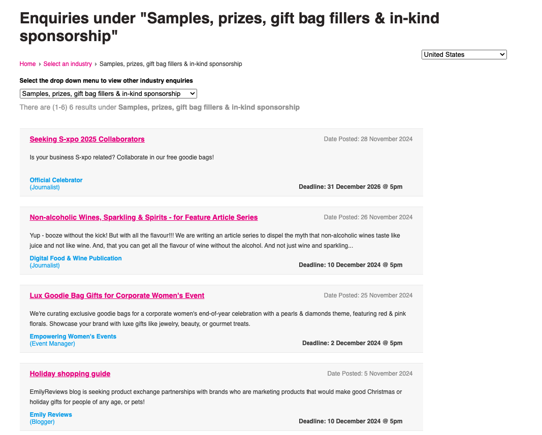 a list of sourcebottle enquiries