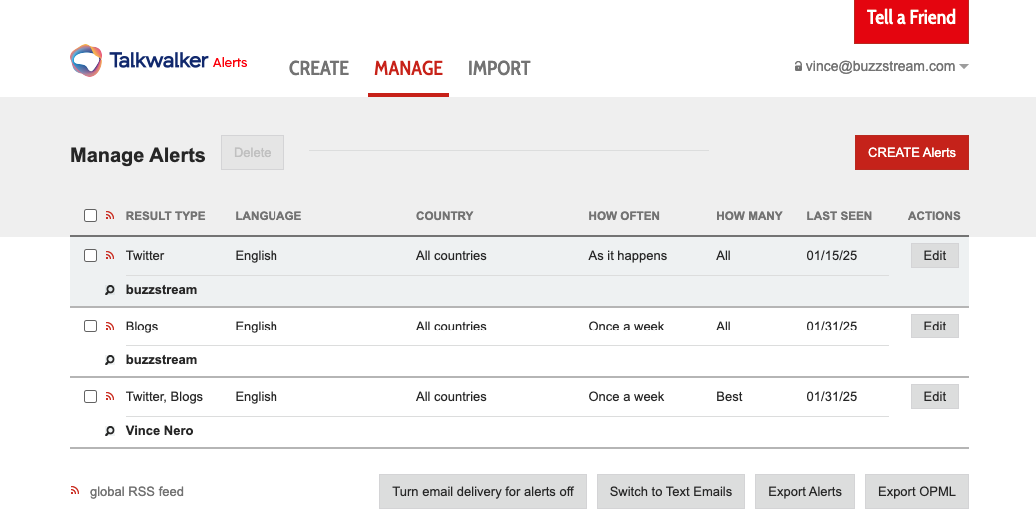 talkwalker alerts dashboard shows several alerts set up