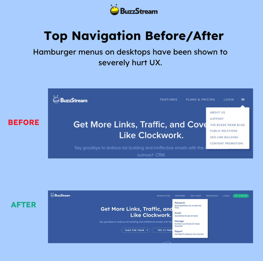 top navigation before/after buzzstream