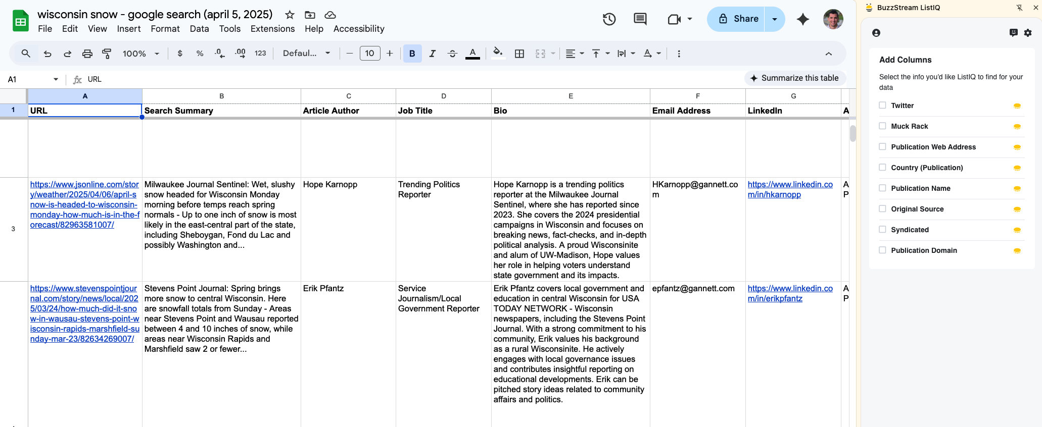 listiq google sheet evaluation